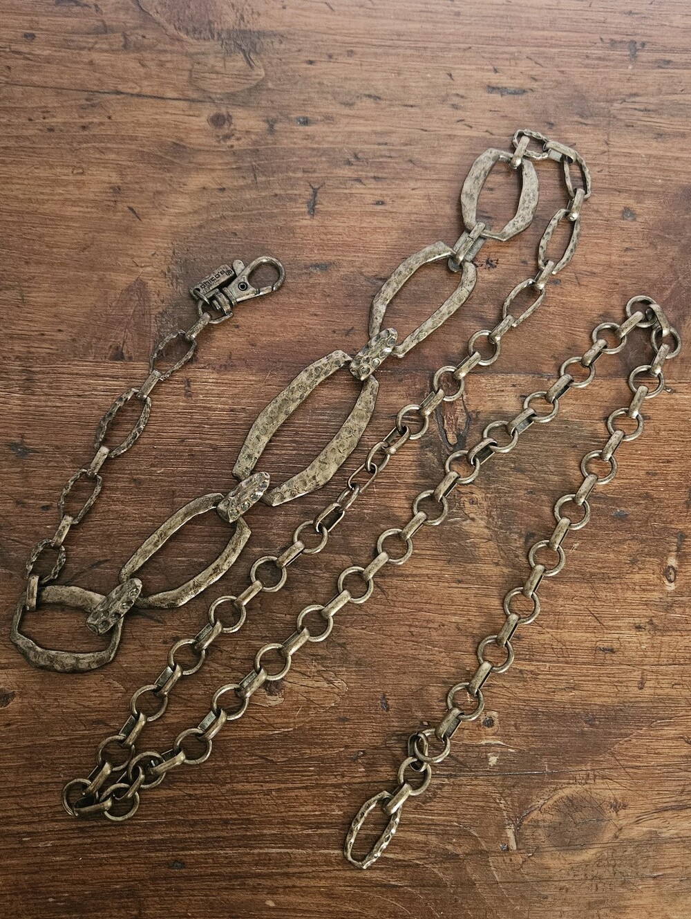 Chicos Bronze Tone Metallic Chain Belt Hammered Links Brutalist Antiqued